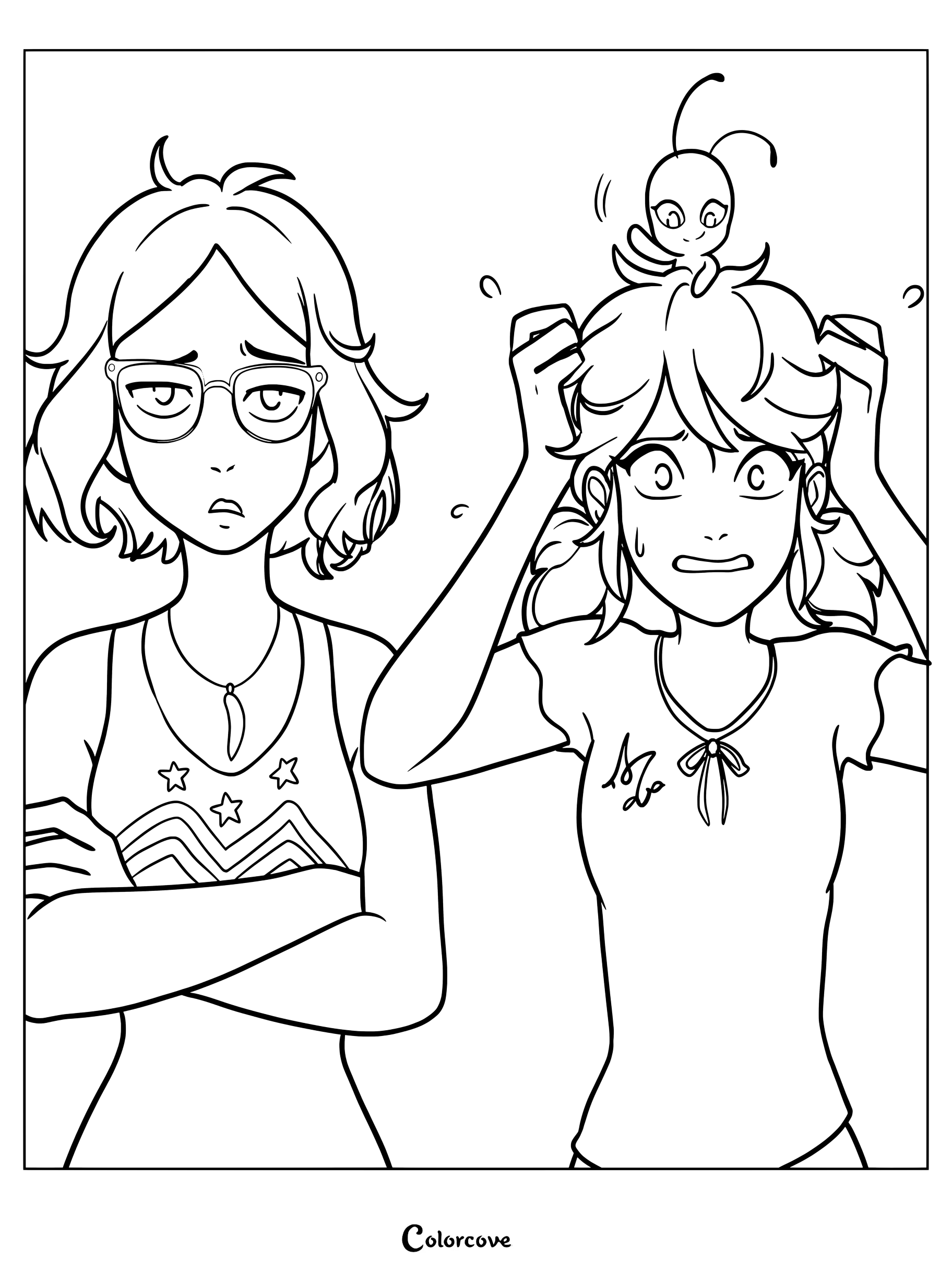 Página para colorear en dibujo lineal de Alya Césaire mirando indiferente con los brazos cruzados junto a una estresada Marinette Dupain-Cheng de Miraculous Ladybug, con Tikki sentada sobre la cabeza de Marinette.