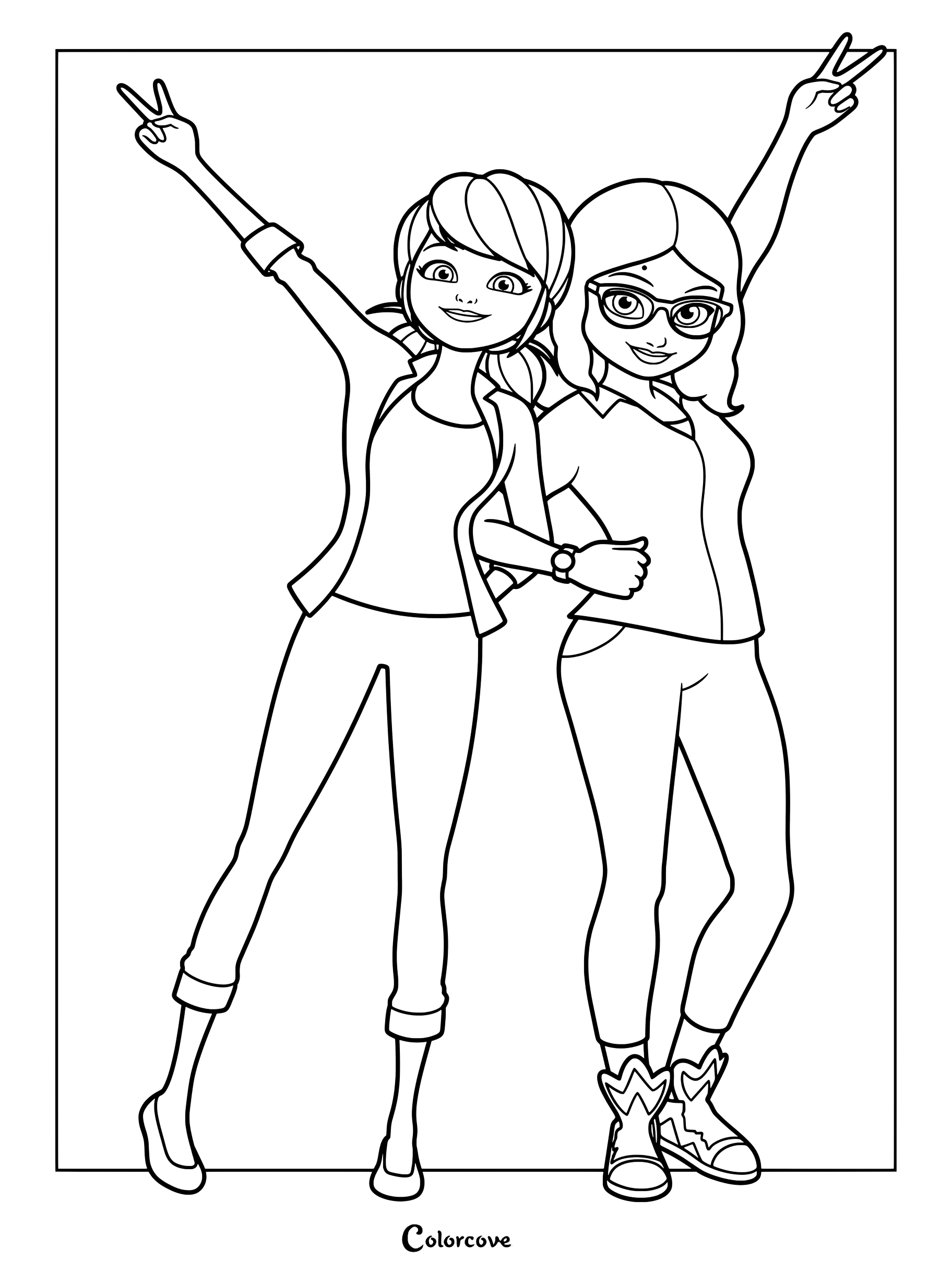 Página para colorear que presenta a Marinette Dupain-Cheng y su mejor amiga Alya Césaire haciendo la señal de la paz