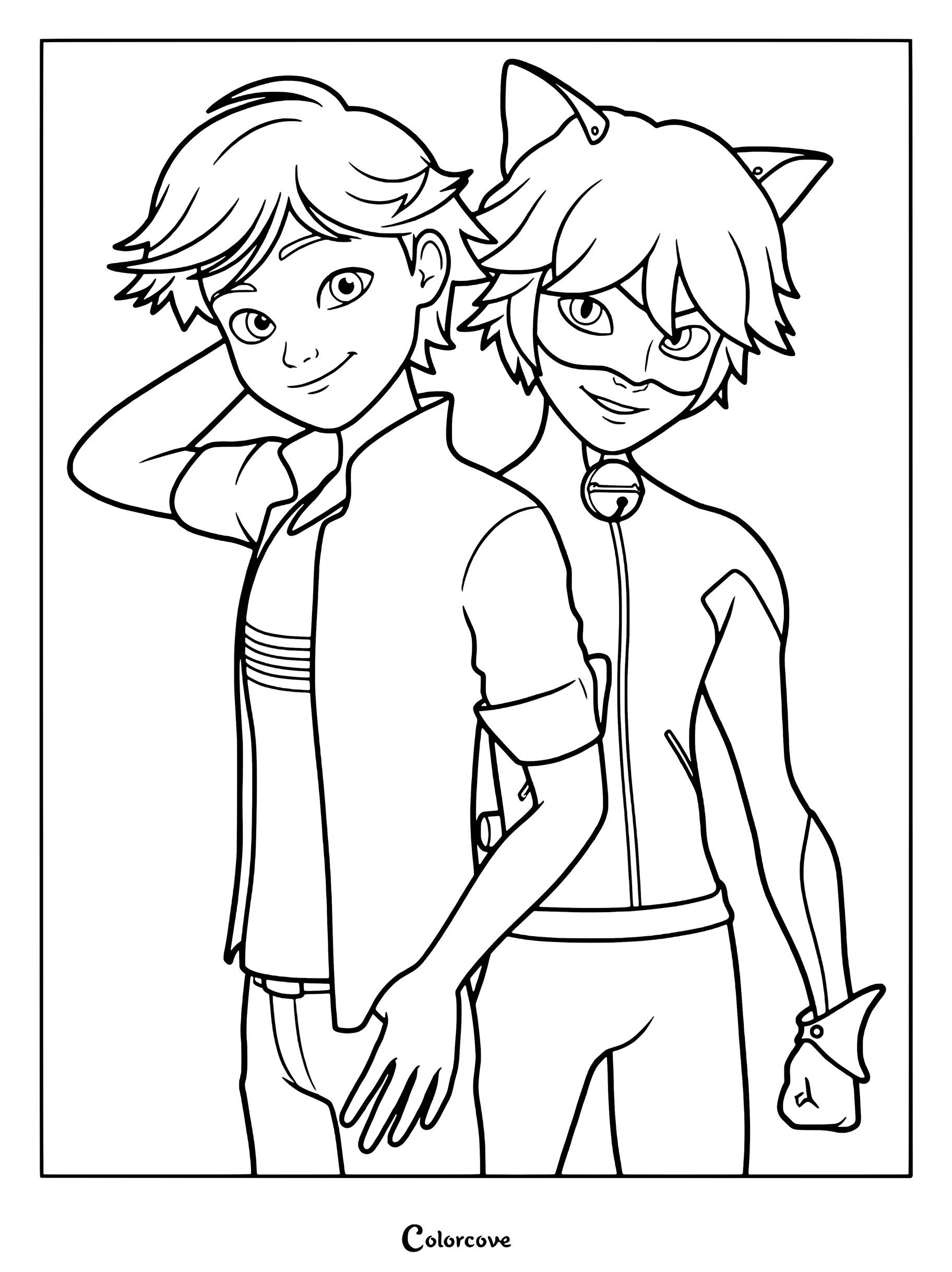 Página para colorear que muestra a Adrien Agreste junto a su alter ego de superhéroe, Cat Noir, de la serie animada Miraculous Ladybug