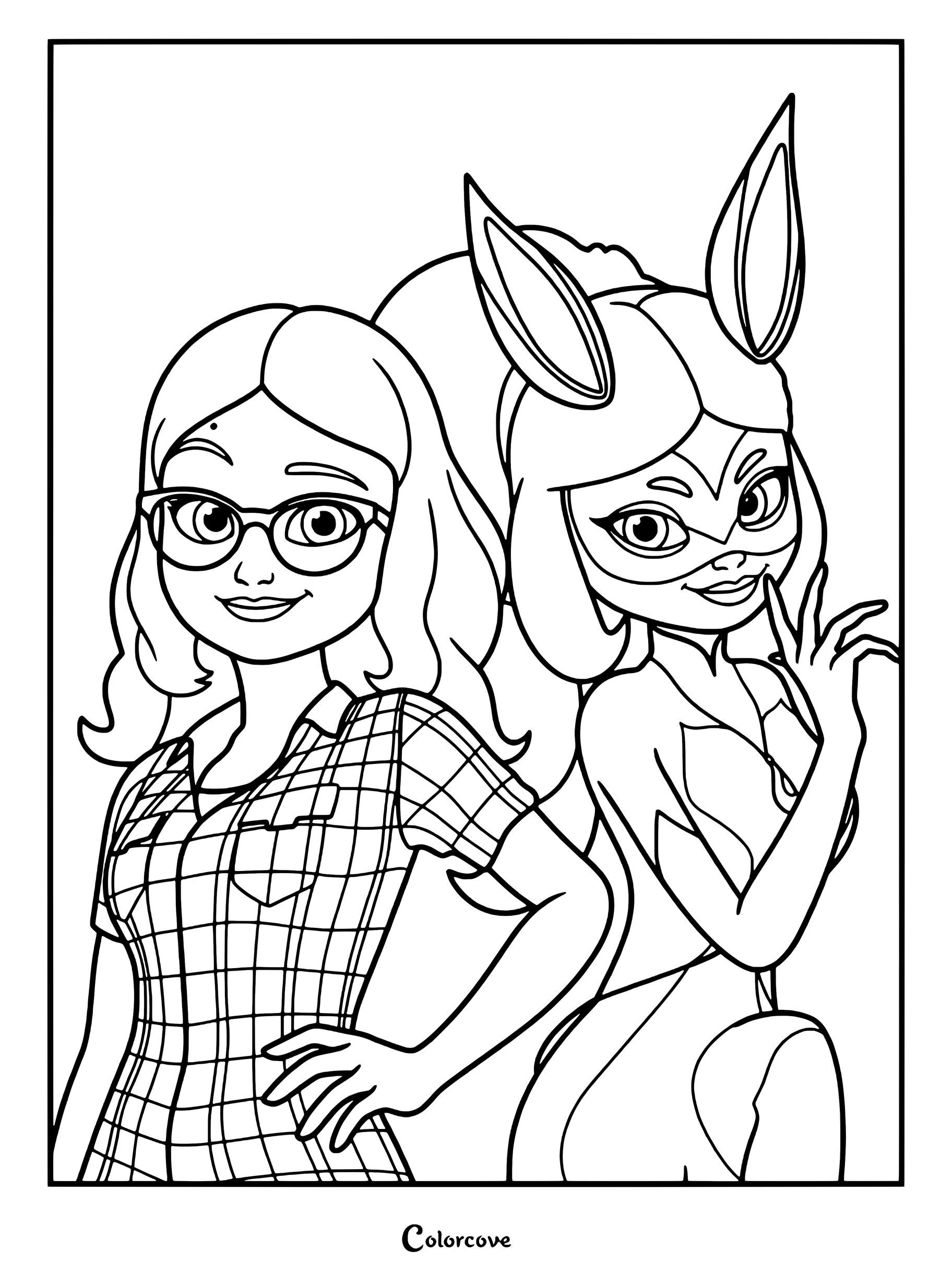 Una página para colorear imprimible con Alya Césaire junto a su alter ego superheroico Rena Rouge de Miraculous Ladybug