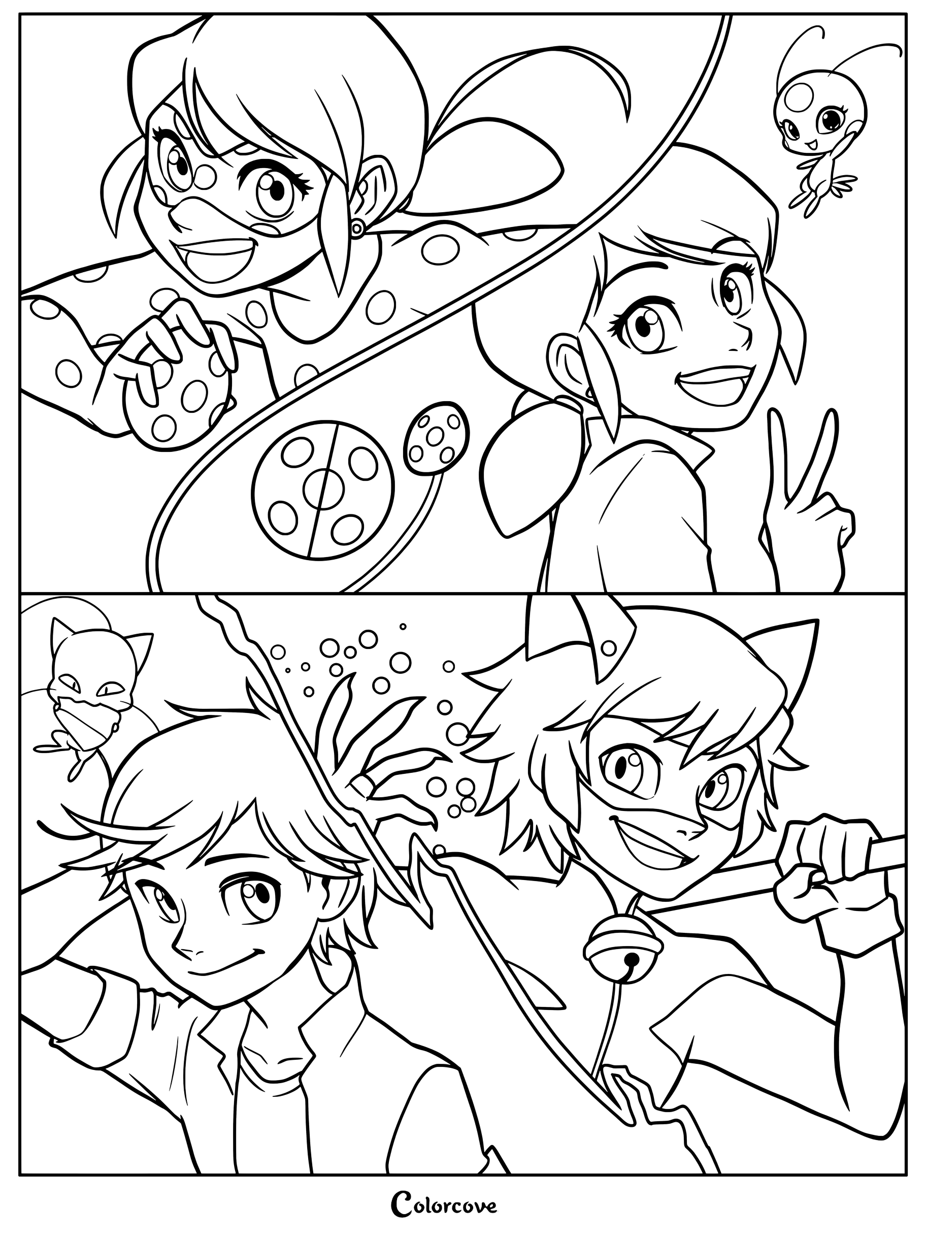 Página para colorear tipo collage que destaca a Marinette Dupain-Cheng y Ladybug con Tikki, y a Adrien Agreste y Cat Noir con Plagg