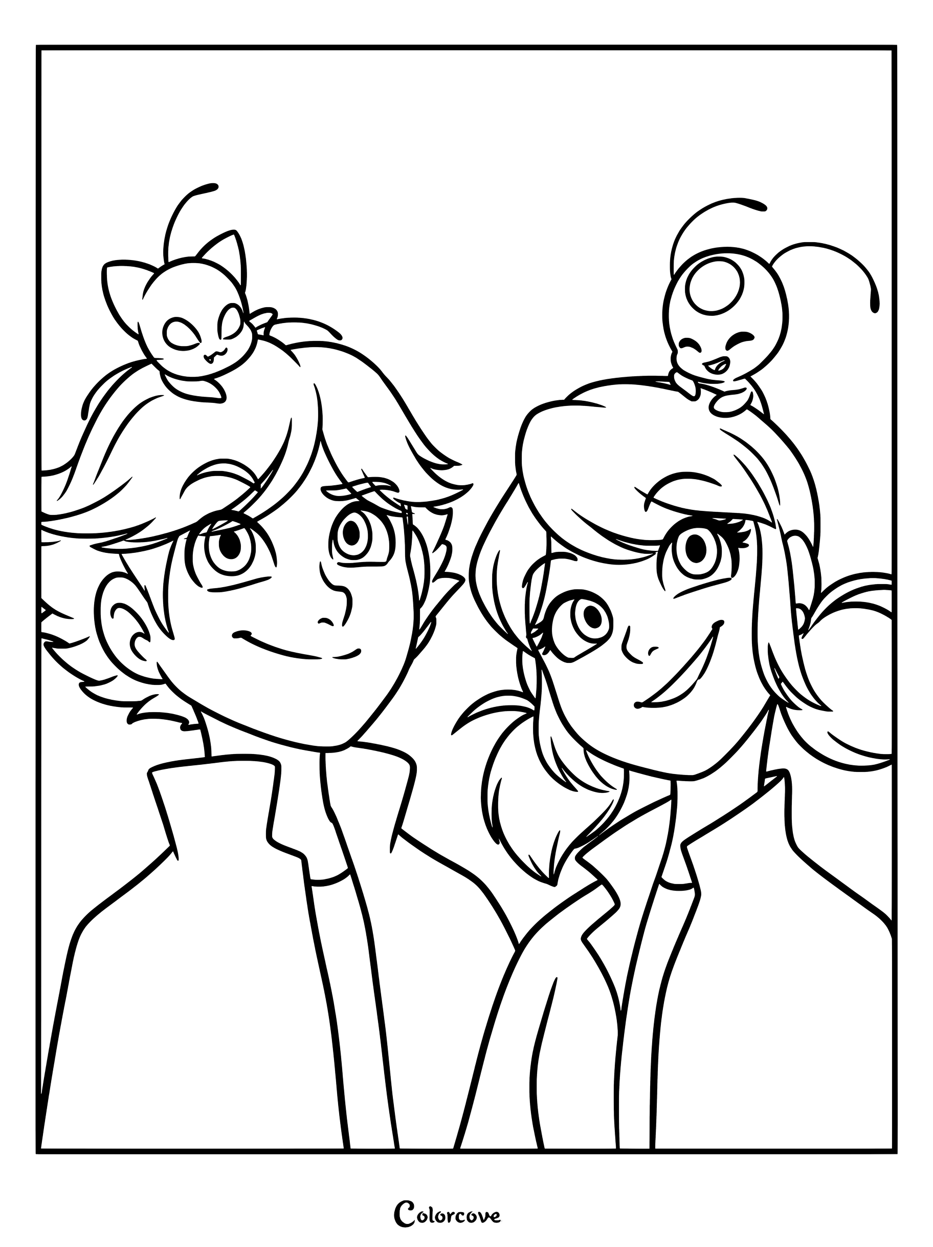 Adrien Agreste y Marinette Dupain-Cheng de Miraculous Ladybug con Plagg y Tikki en una página para colorear