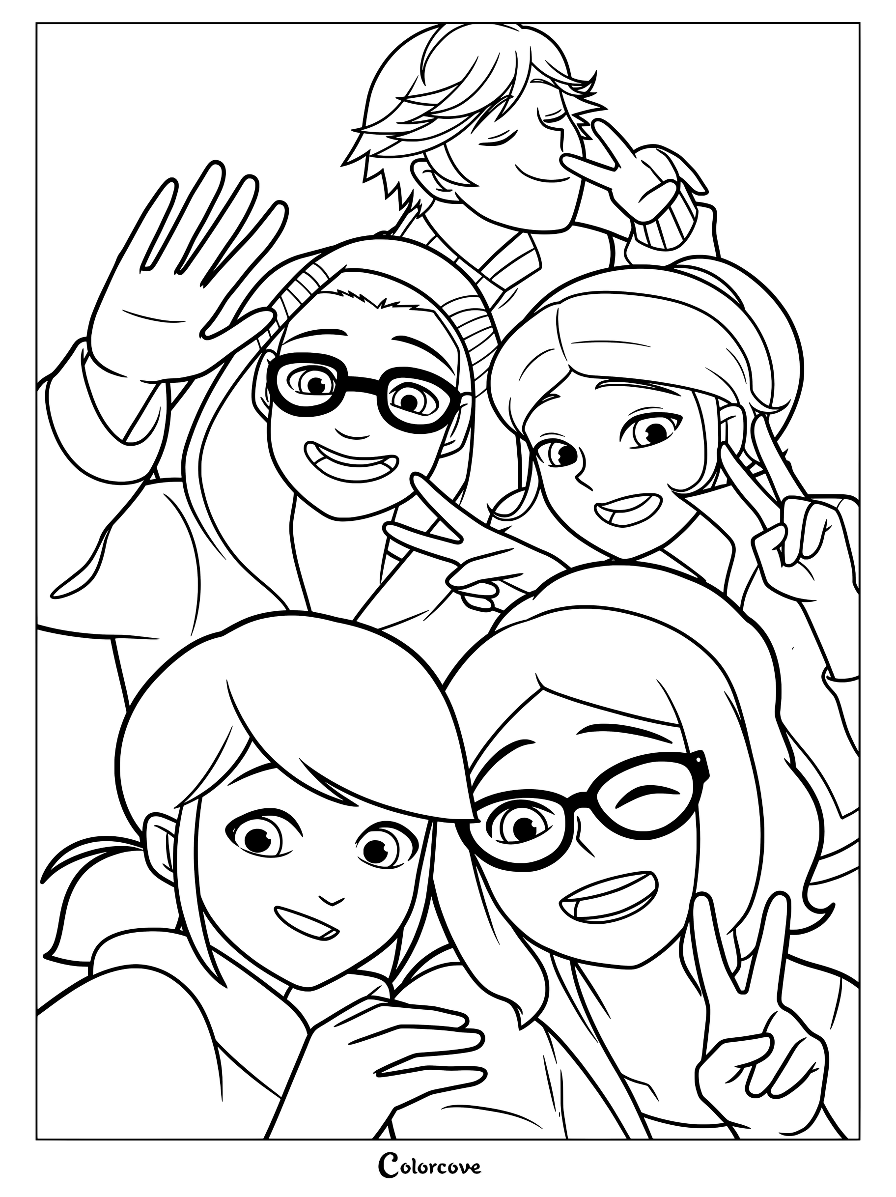 Una alegre página para colorear de un selfie grupal con los personajes principales de la serie animada Miraculous Ladybug