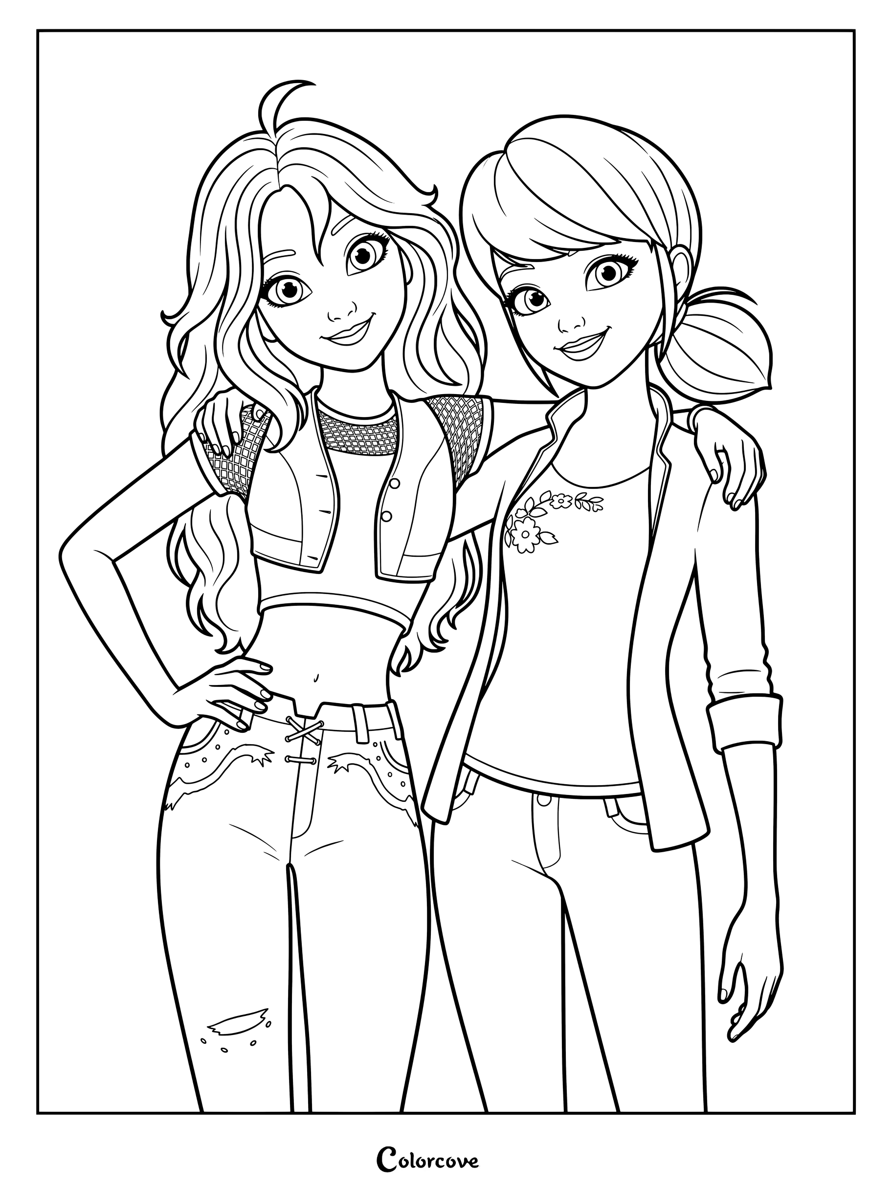 Dibujo para colorear crossover fan art con Marinette Dupain-Cheng de Miraculous Ladybug junto a Bloom de la serie animada Winx Club abrazadas