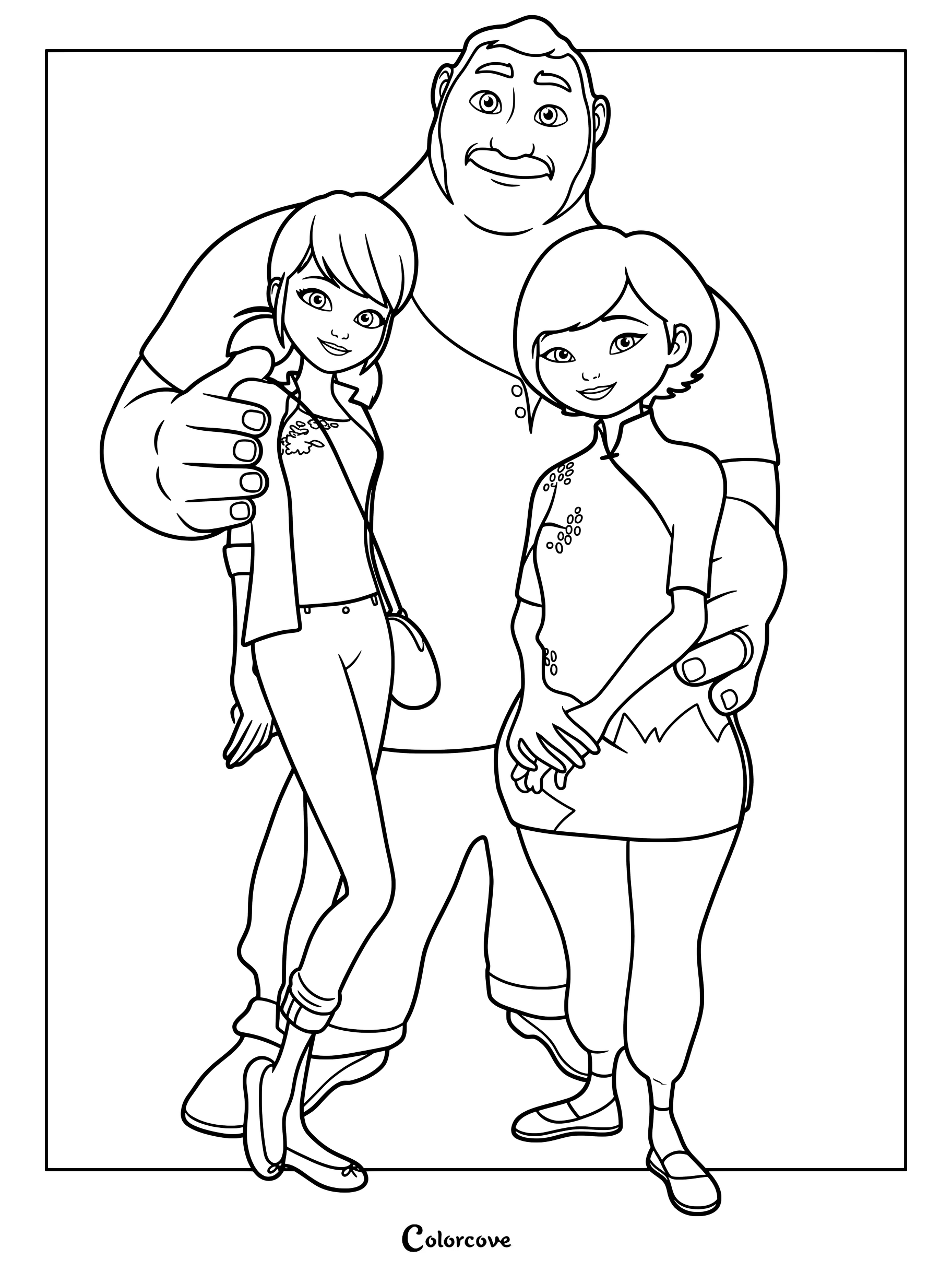 Página para colorear de Marinette Dupain-Cheng de pie junto a sus padres, Tom Dupain y Sabine Cheng
