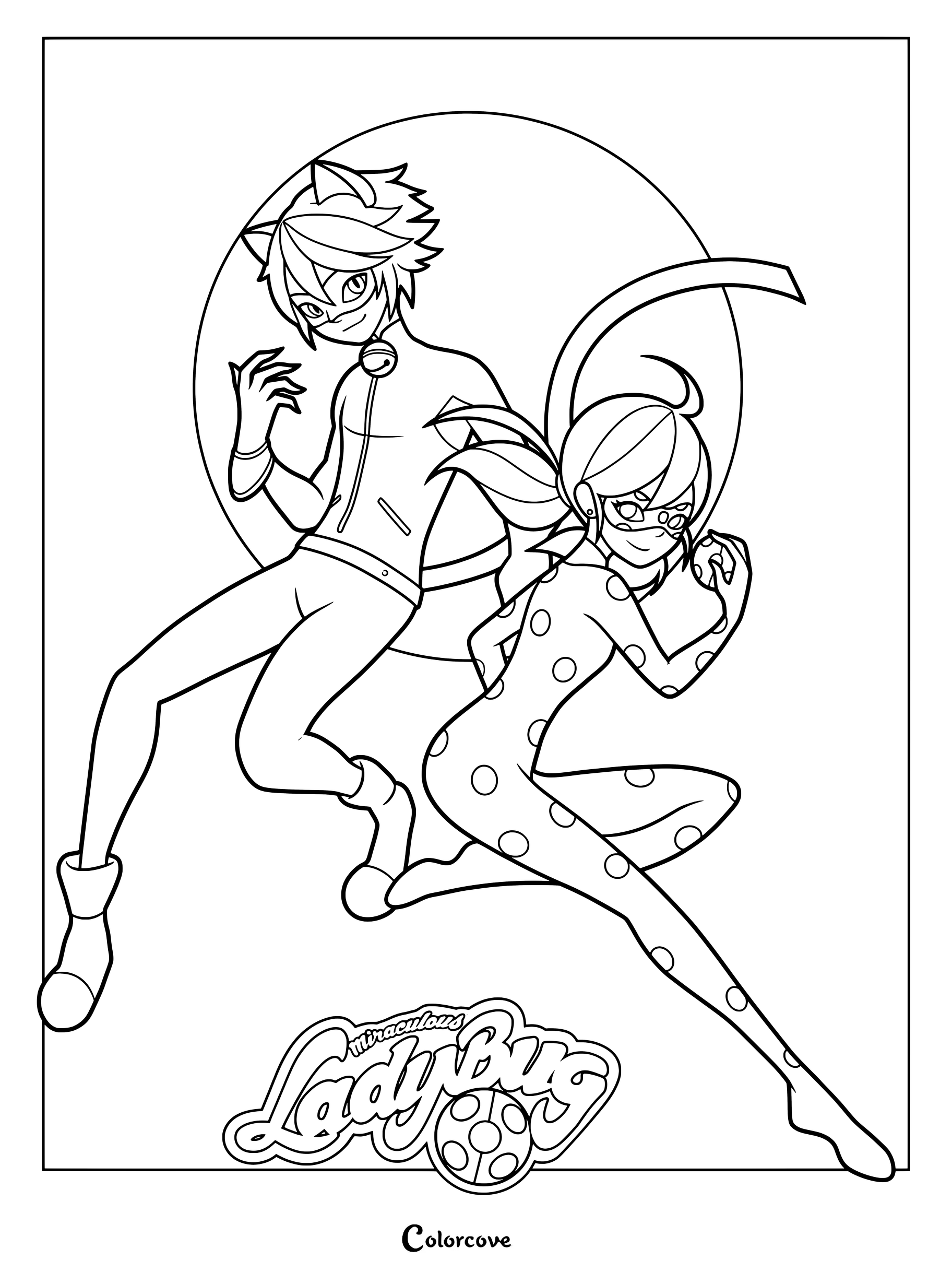 Dúo dinámico de superhéroes animados Ladybug y Cat Noir posando frente a una luna cósmica brillante en una página para colorear