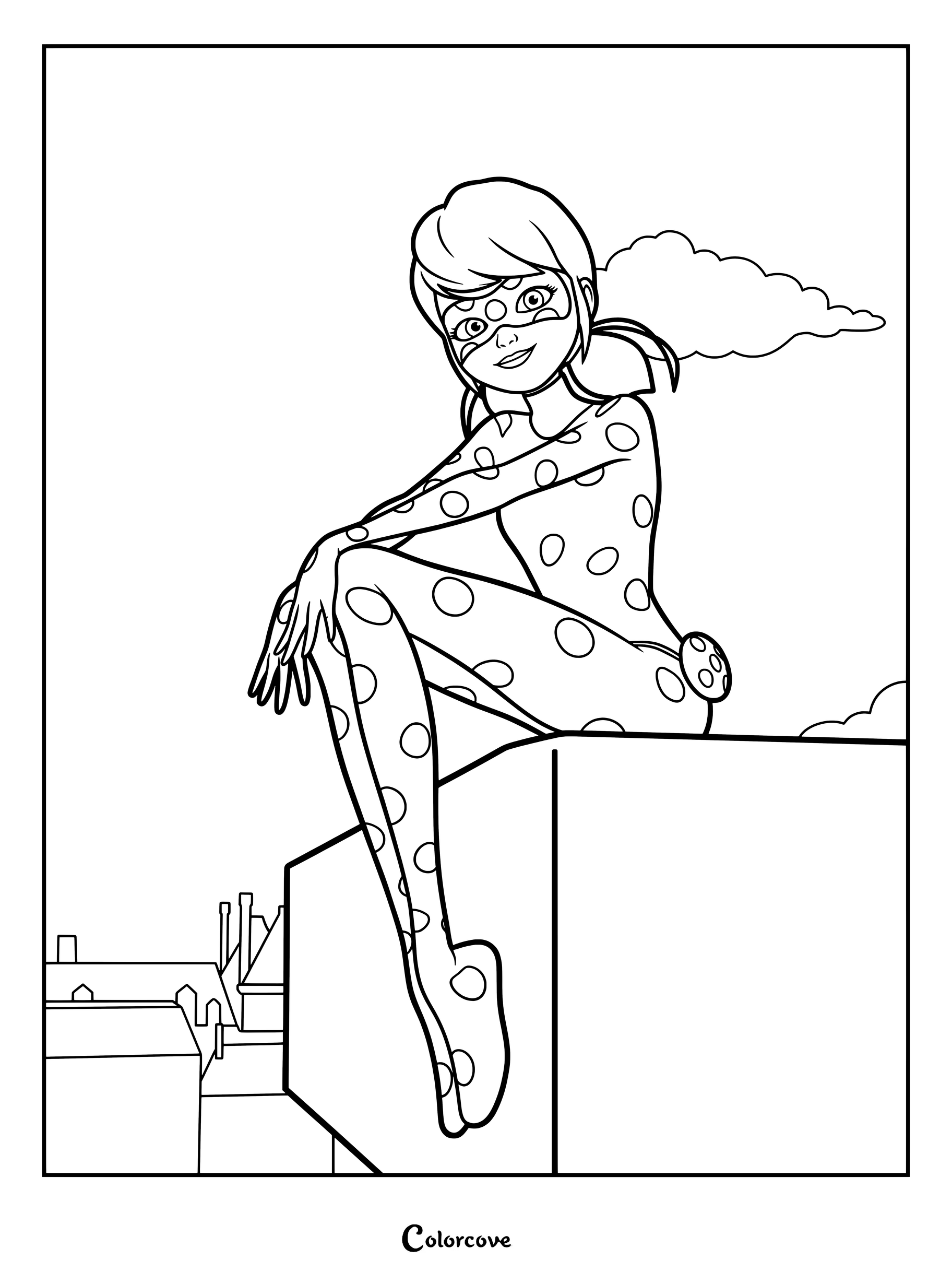 Página para colorear de Ladybug de Miraculous Ladybug sentada en un tejado parisino