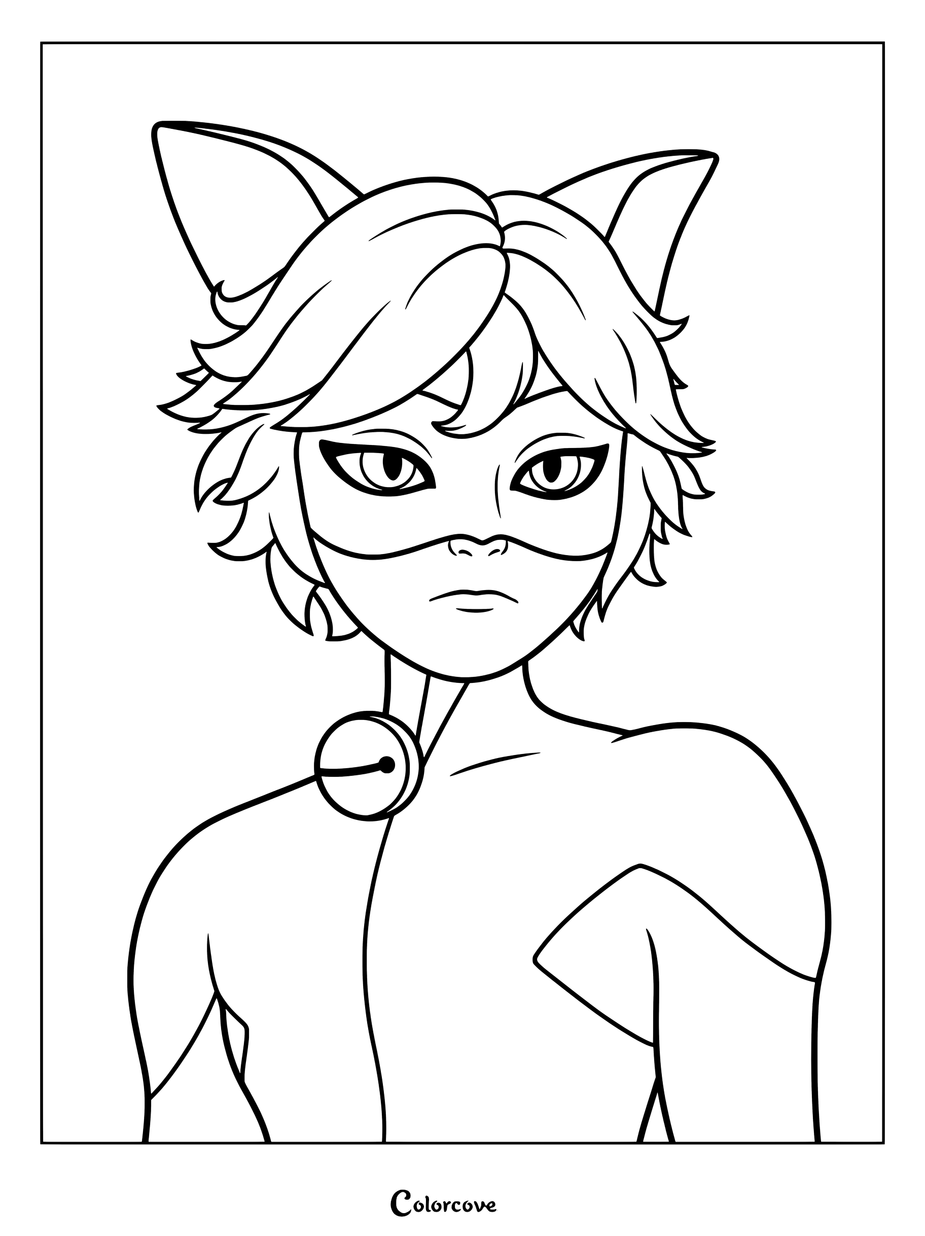 Dibujo para colorear de Chat Blanc con un retrato en primer plano del personaje enmascarado con orejas de gato y cascabel