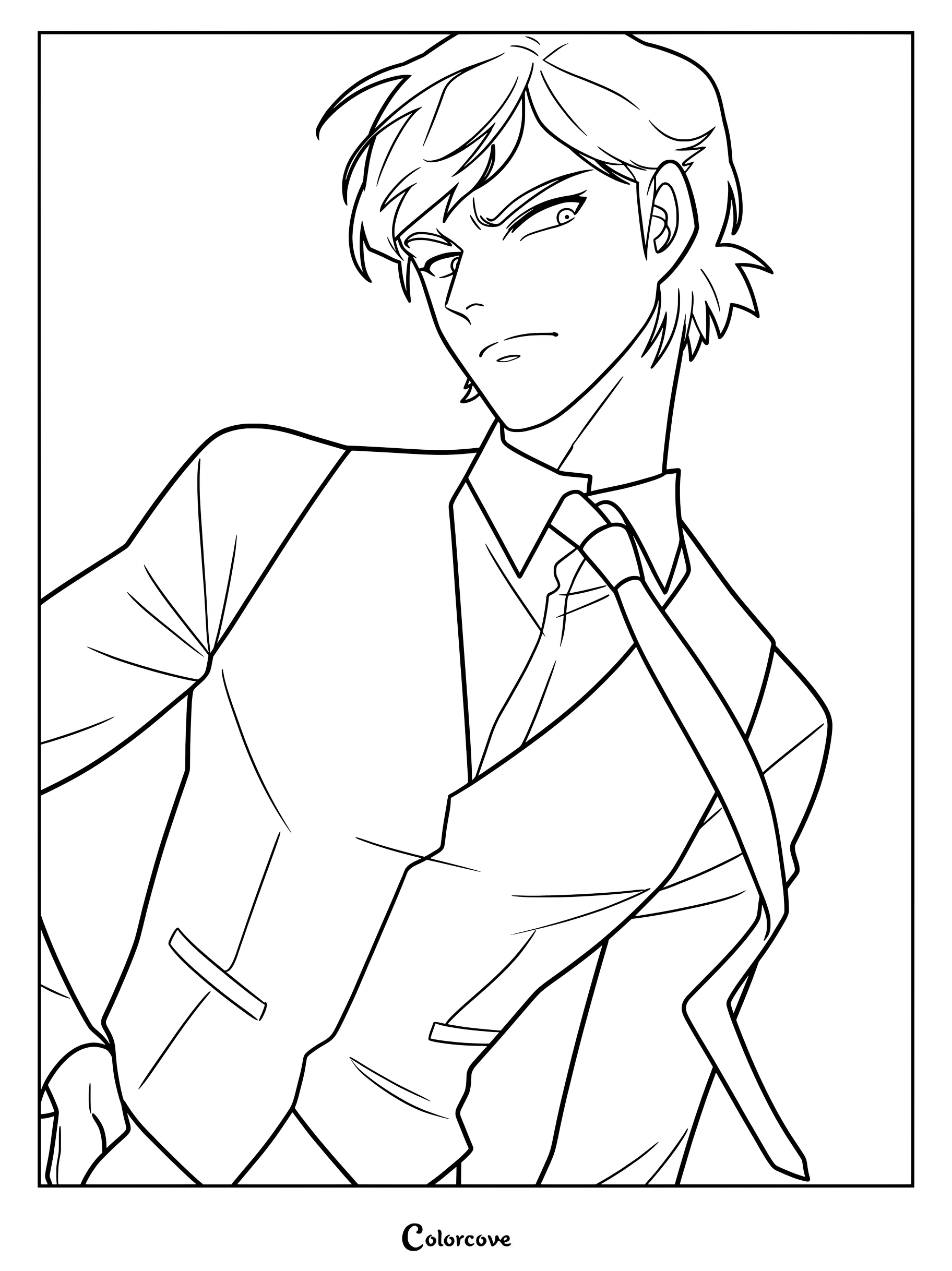 Boceto de Adrien Agreste en su diseño original del video promocional de anime de 2012, al estilo de Félix de los primeros conceptos de Miraculous Ladybug, listo como página para colorear imprimible.
