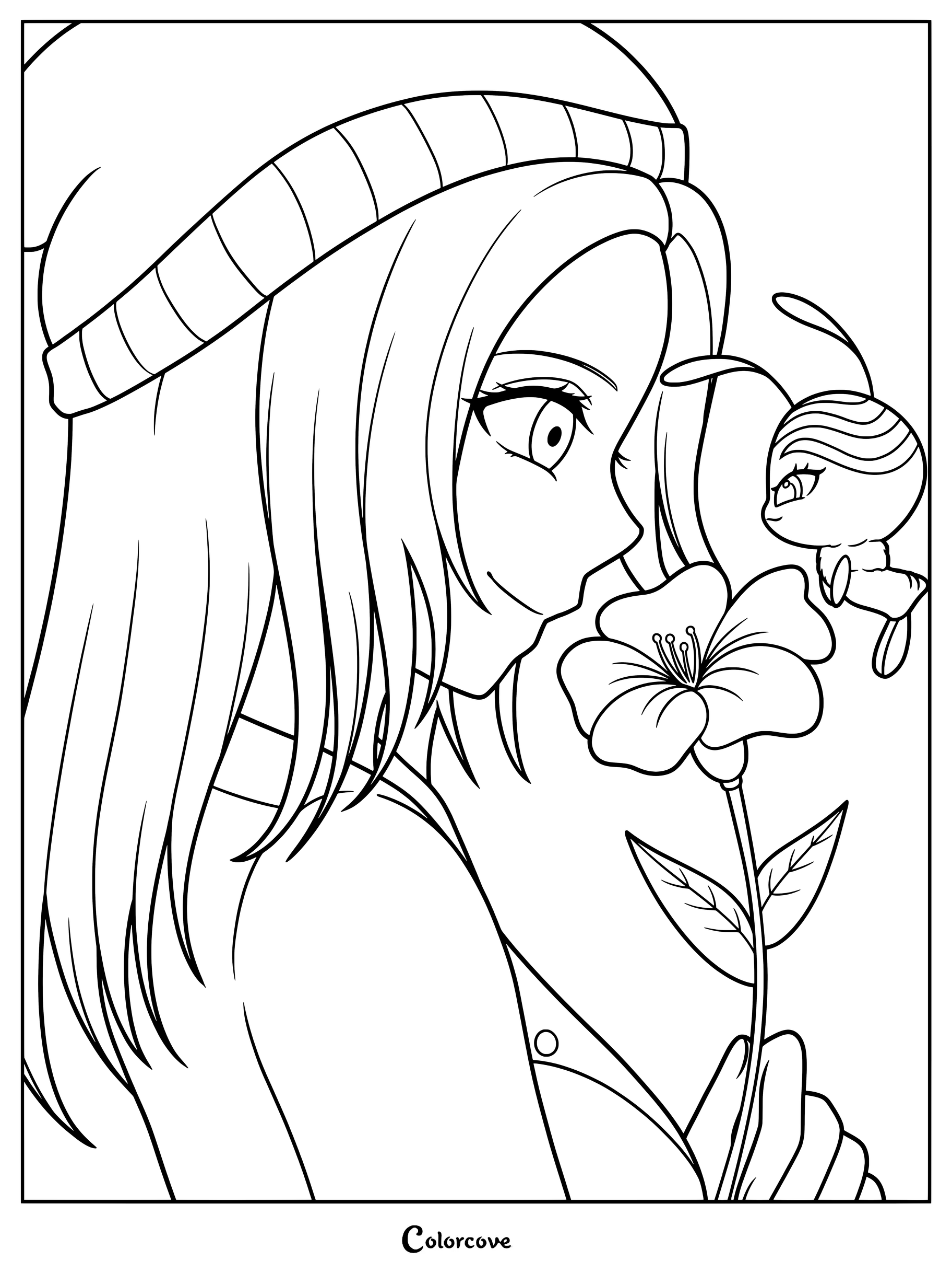 Dibujo para colorear imprimible de Zoe Lee sosteniendo una flor con el kwami Pollen
