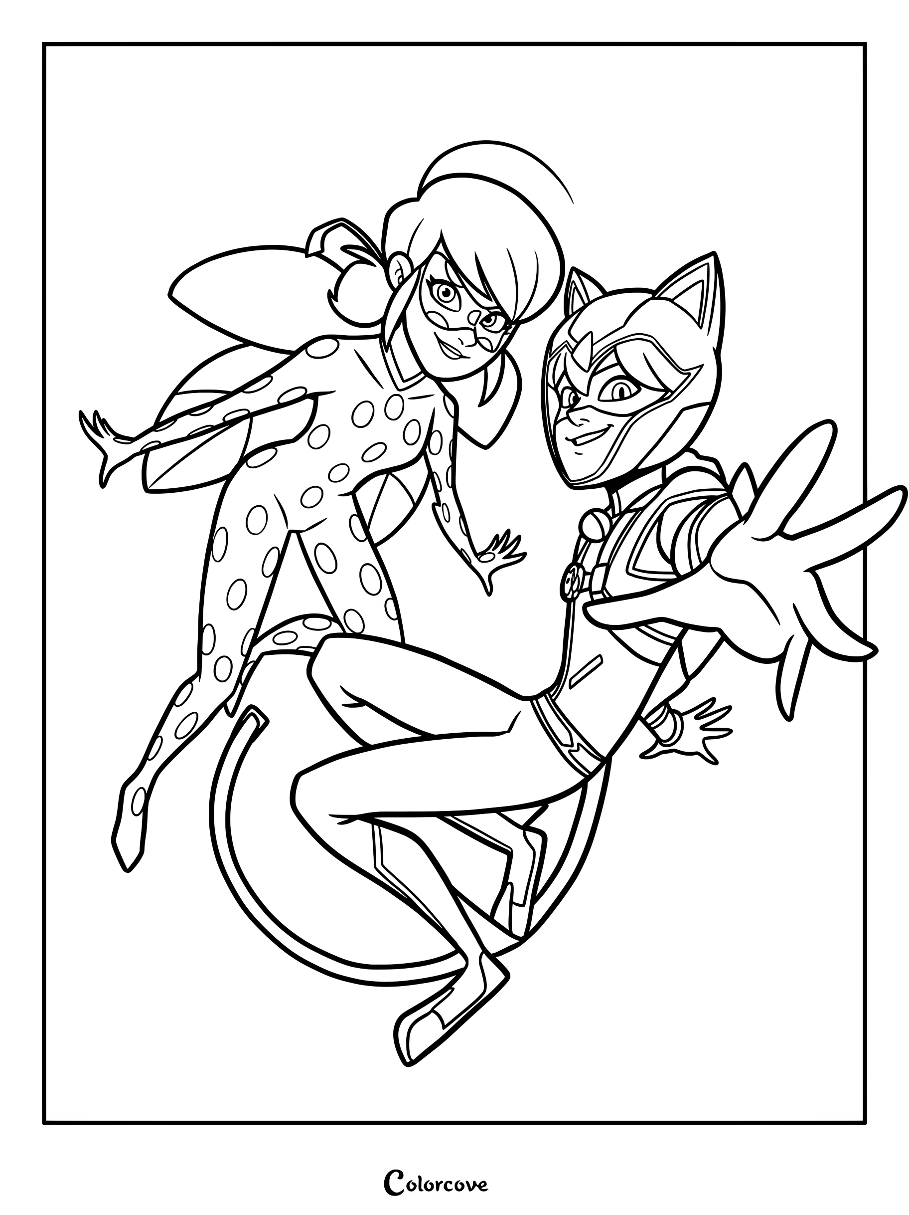 Página para colorear de Cosmobug y Astrocat con los héroes en trajes espaciales