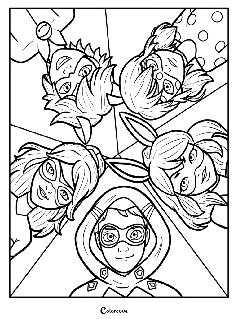 Coloriage des cinq super-héros principaux de la série animée Miraculous Ladybug rassemblés en cercle
