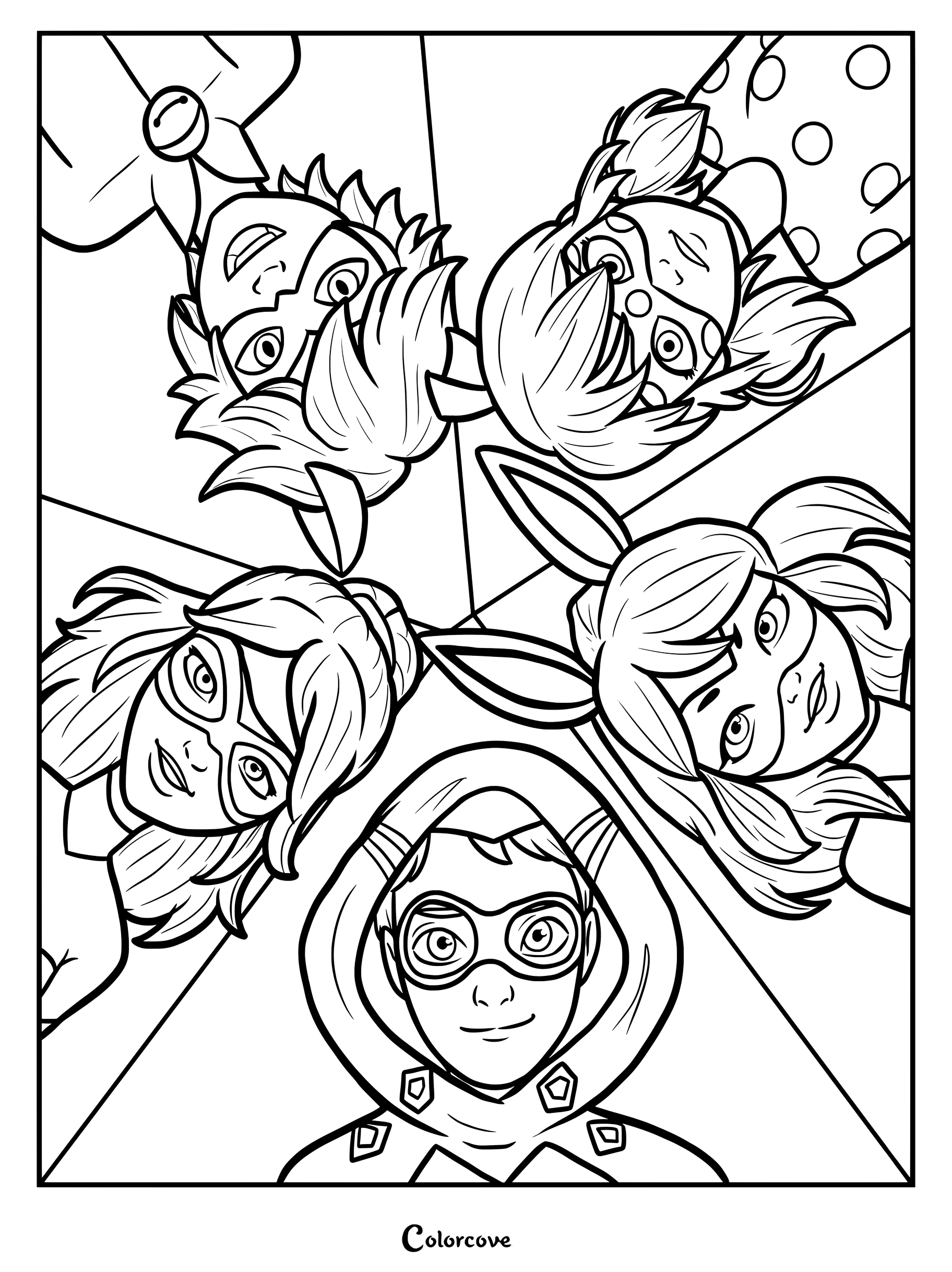 Cinco personajes superhéroes principales de la serie animada Miraculous Ladybug reunidos en círculo en una página para colorear