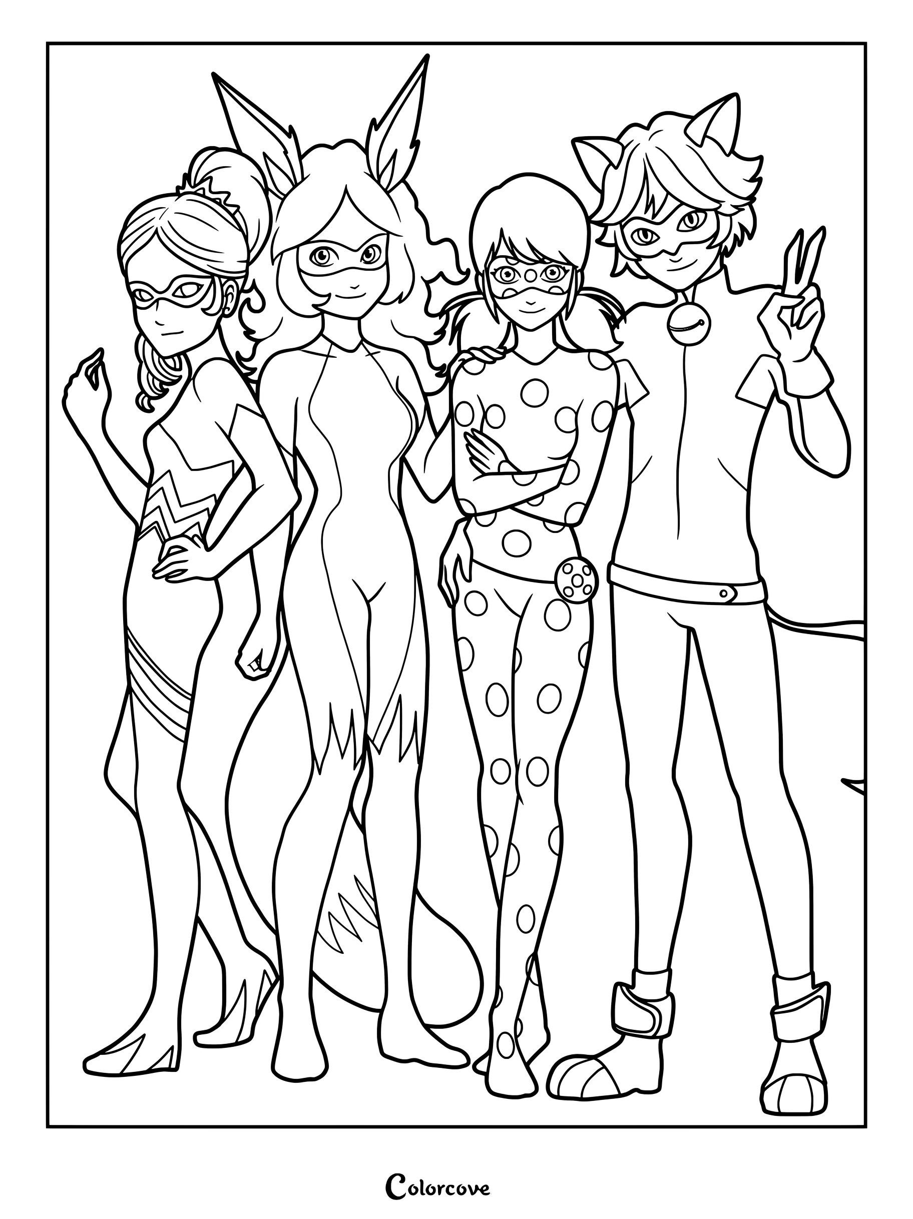 Página para colorear imprimible de cuatro personajes superhéroes principales de la serie animada Miraculous Ladybug, con Reina Aguijón, Rena Rouge, Ladybug y Cat Noir