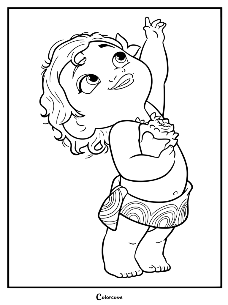 Dibujo para colorear de Moana bebé estirando los brazos con una flor en la mano.