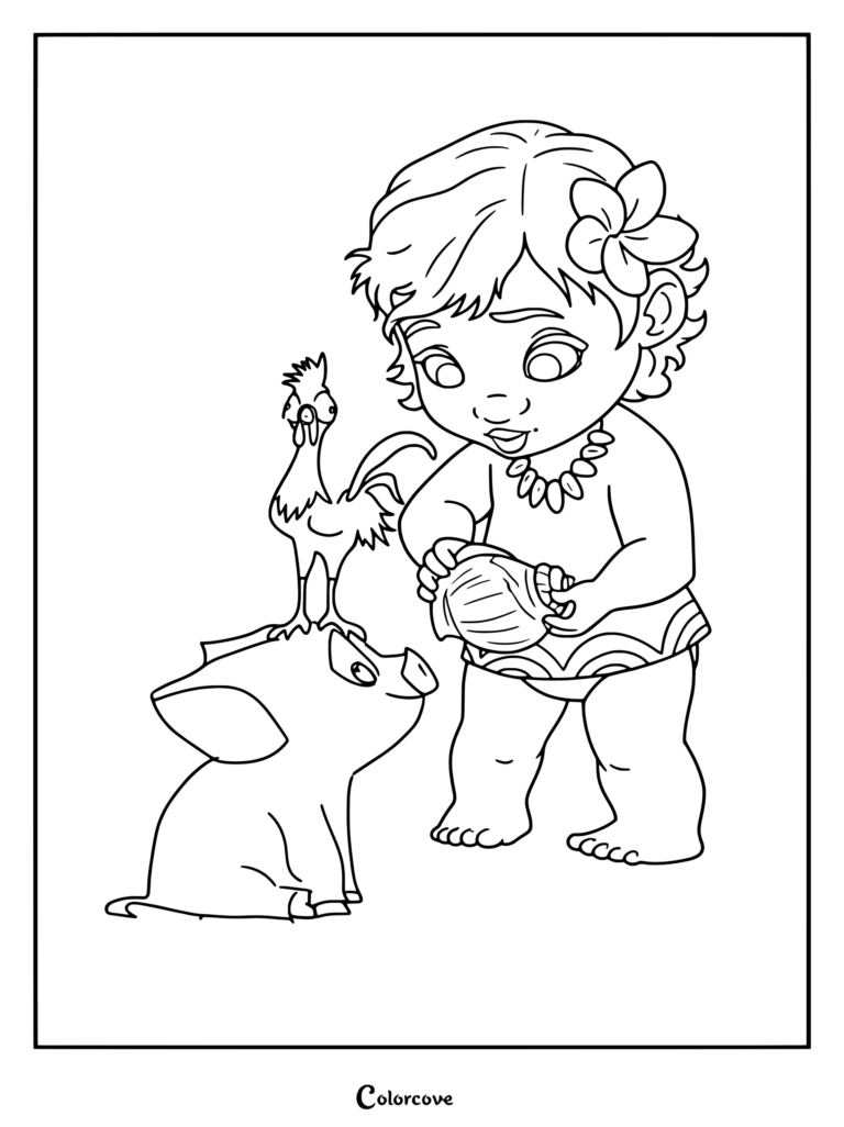 Dibujo para imprimir de Moana con Moana bebé sosteniendo una concha junto al cerdo Pua y el gallo Heihei.
