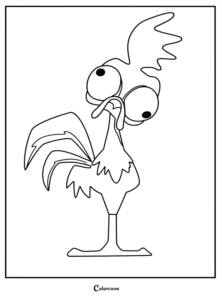 Dibujo para imprimir de Moana con Heihei, el despistado gallo de grandes ojos saltones y cresta prominente.