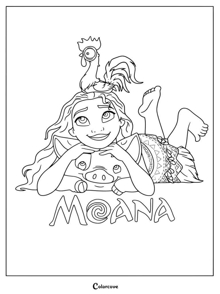 Dibujo para colorear de Moana abrazando a su cerdo Pua y sosteniendo a su gallo Heihei.