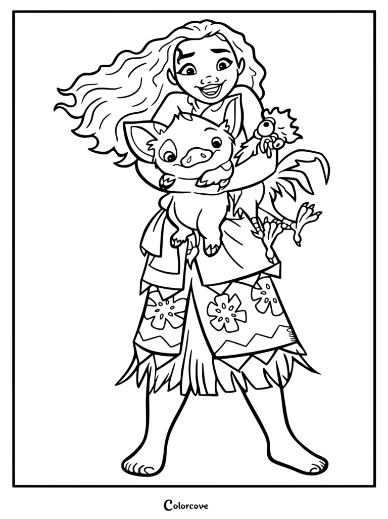 Dibujo de Moana para colorear que muestra al personaje de la película animada de Disney abrazando a su cerdito Pua y sosteniendo a su gallo Heihei.