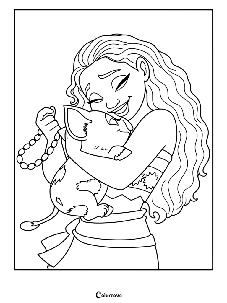 Dibujo de Moana para colorear con Moana abrazando felizmente a su cerdito Pua mientras sostiene un collar de cuentas.