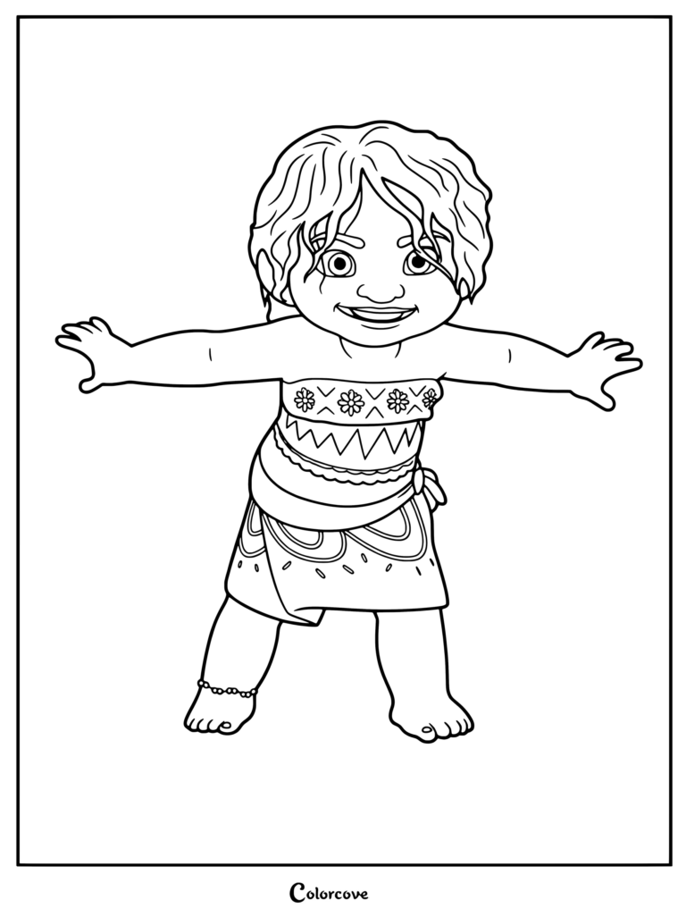 Dibujo para colorear de Simea, la hermana menor de Moana con los brazos abiertos en Moana 2.