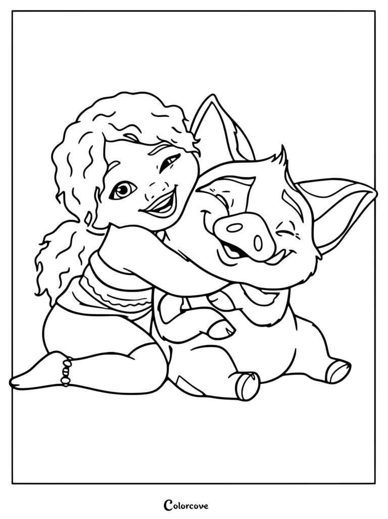 Dibujo para colorear de Moana 2 con Simea abrazando a su cerdito Pua.