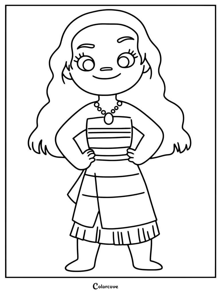 Dibujo para imprimir de Simea, la hermana menor de 3 años de Moana en la película animada Moana 2 de Disney, luciendo su característico atuendo y collar.