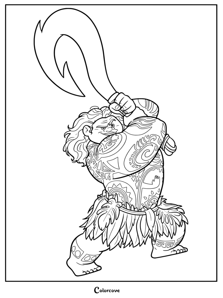 Maui sosteniendo un anzuelo gigante en este dibujo para colorear de Moana.
