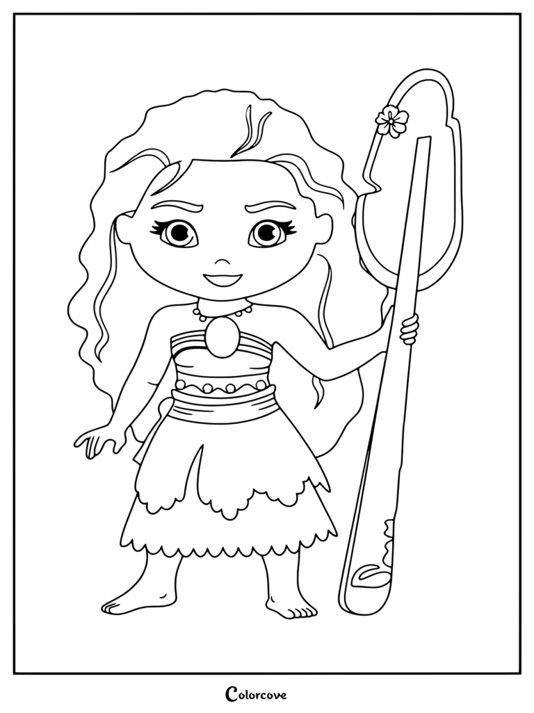 Ilustración estilo chibi de Moana de la película animada de Disney sosteniendo un gran remo de madera para colorear.