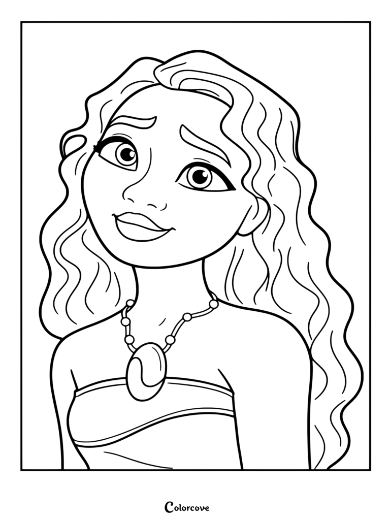 Dibujo para imprimir de Moana mirando hacia arriba con su larga melena ondulada y su característico collar de conchas.