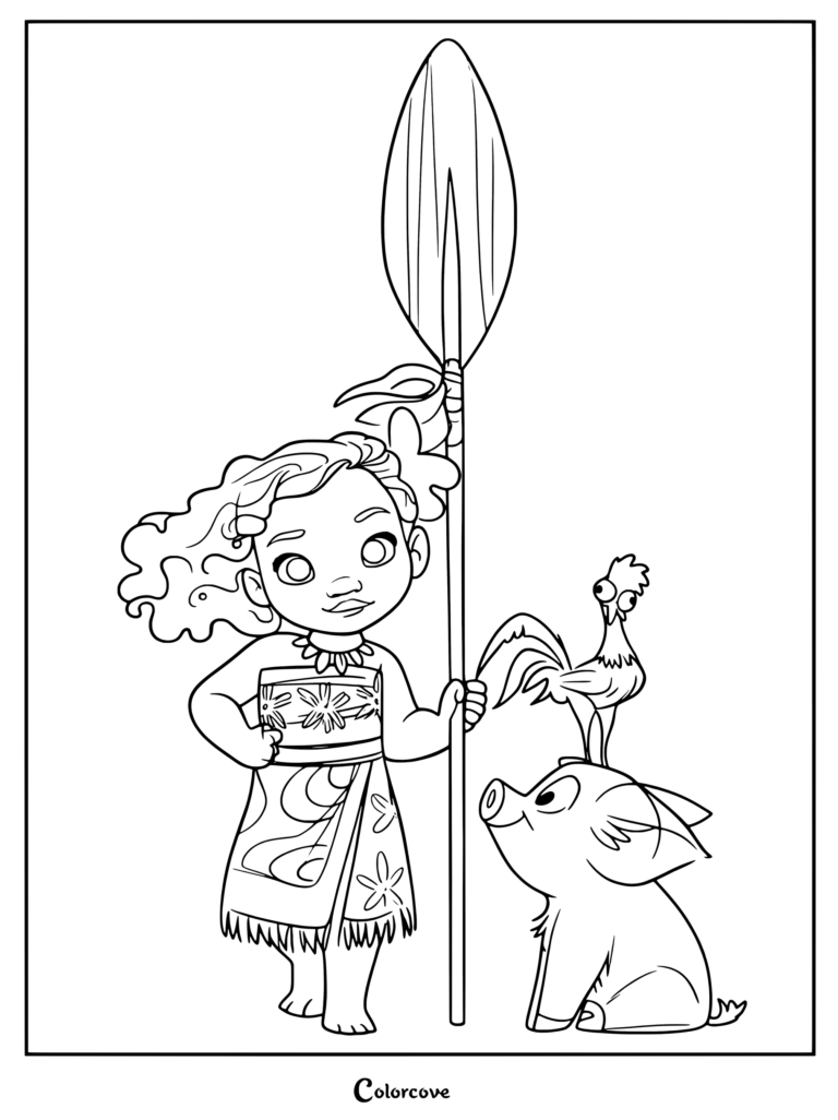 Dibujo de Moana para colorear gratis con la joven Moana sosteniendo un remo alto de madera junto al cerdito Pua y al gallo Heihei.