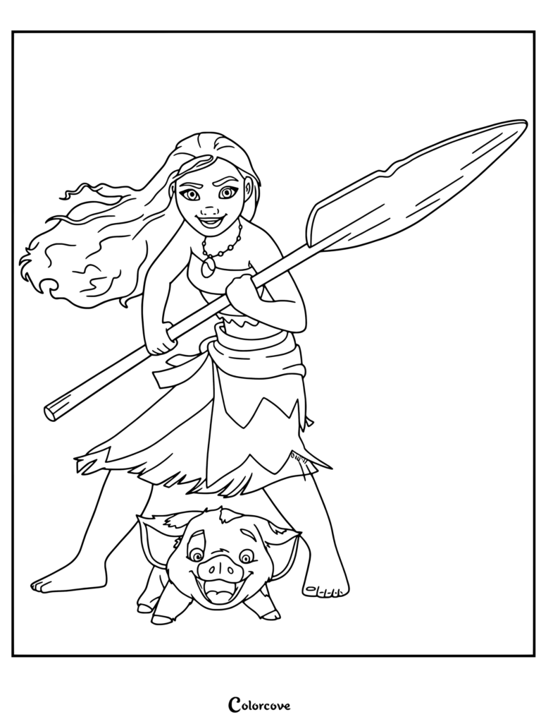 Dibujo para colorear en blanco y negro para imprimir de Moana sosteniendo un remo junto a su cerdito Pua.