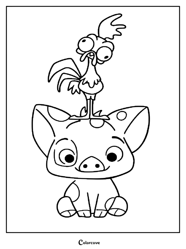Dibujo para imprimir de Moana con el cerdo Pua sentado y el gallo Heihei posado sobre su cabeza.
