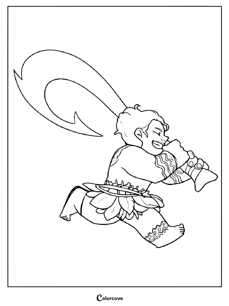 Dibujo para colorear de Moana con el joven Maui corriendo y sosteniendo un anzuelo mágico.