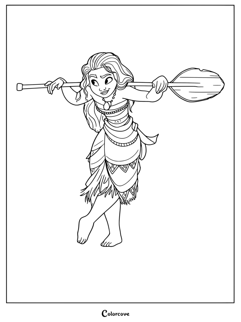 Dibujo para colorear de Moana mostrando a la heroína sonriendo con un remo sobre los hombros.