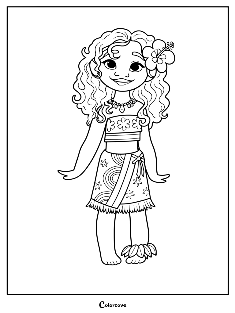 Dibujo para colorear de Moana de niña, luciendo su cabello rizado oscuro con una flor de hibisco rosa, top blanco estampado, falda cruzada roja con flecos, collar de conchas y una hoja verde bajo el pie.