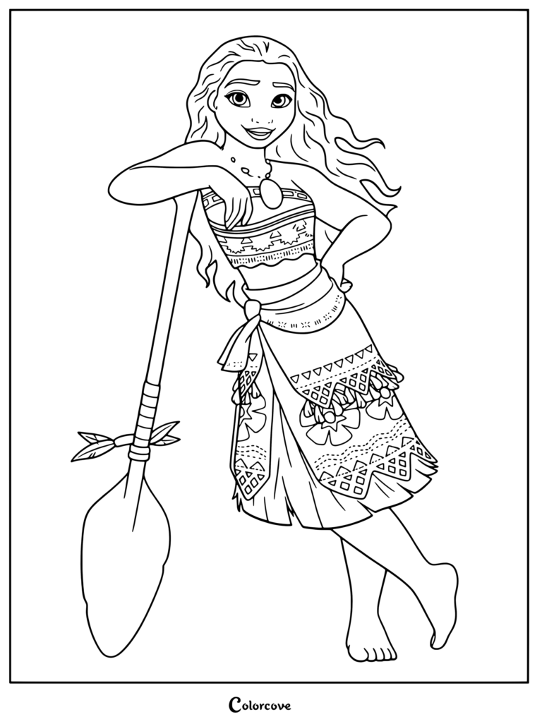 Dibujo infantil para colorear de Moana apoyada en su remo.