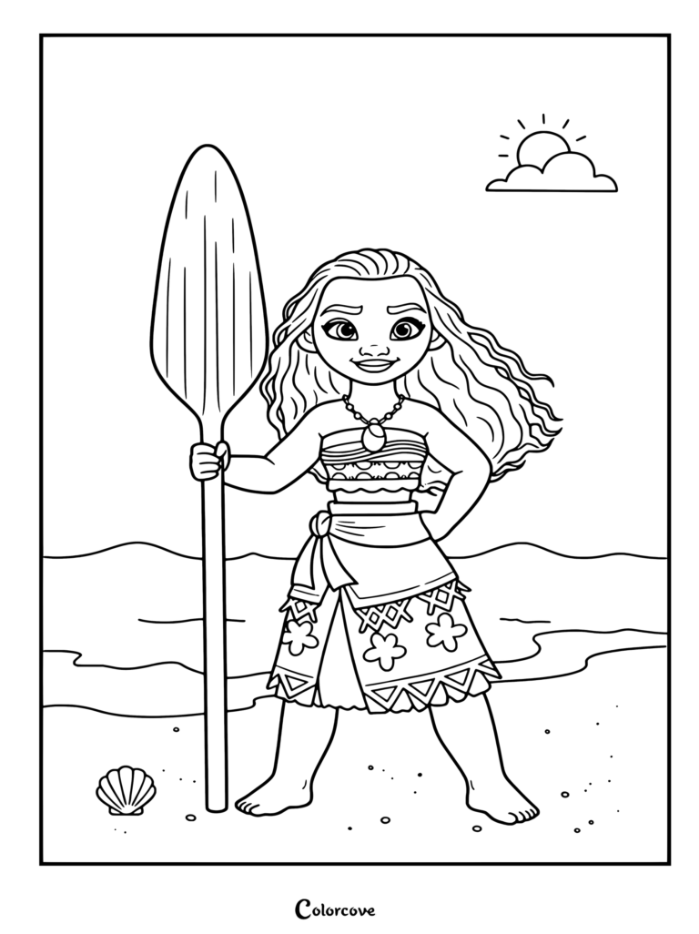 Dibujo para colorear de Moana en la playa sosteniendo un remo a la orilla del mar.