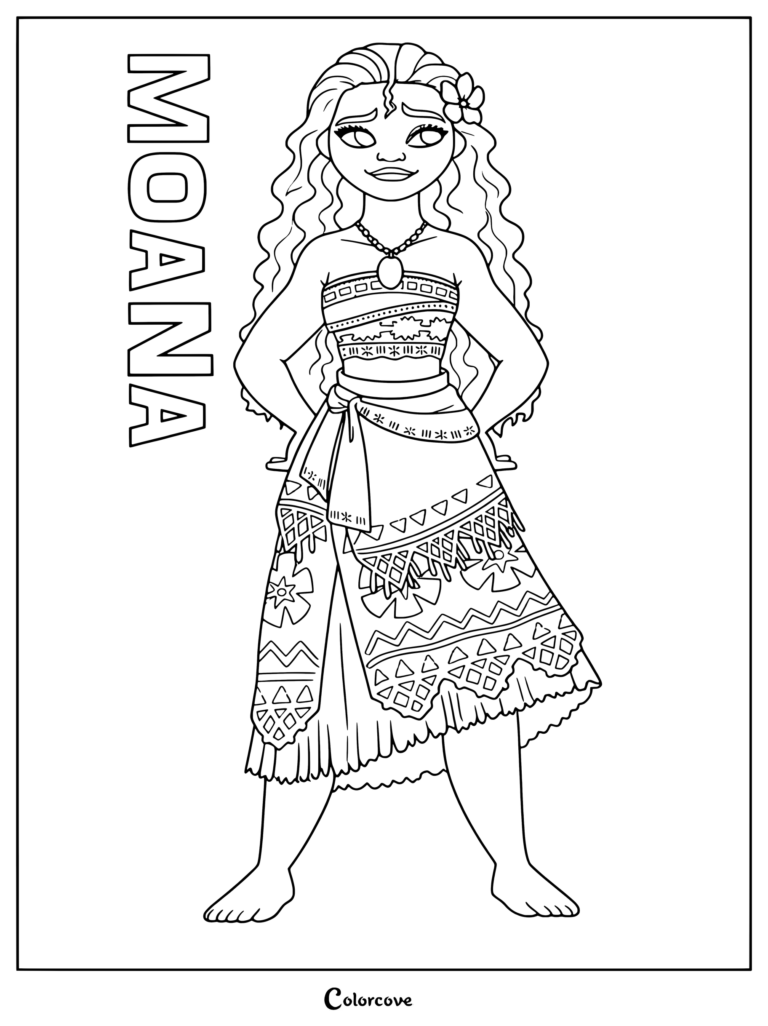 Dibujo para colorear de Moana mostrando a la princesa Disney de pie con su top estampado, falda y una flor en el cabello.