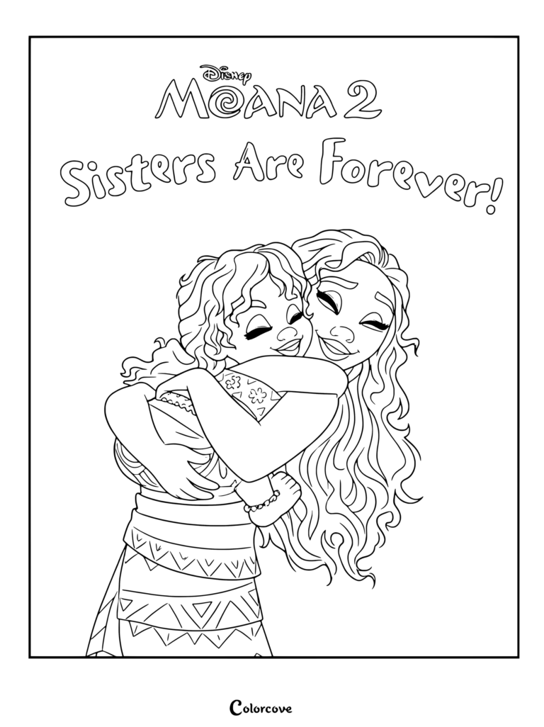 Dibujo para colorear de Moana 2 ¡Hermanas por siempre!, con Moana abrazando fuertemente a su hermana menor.
