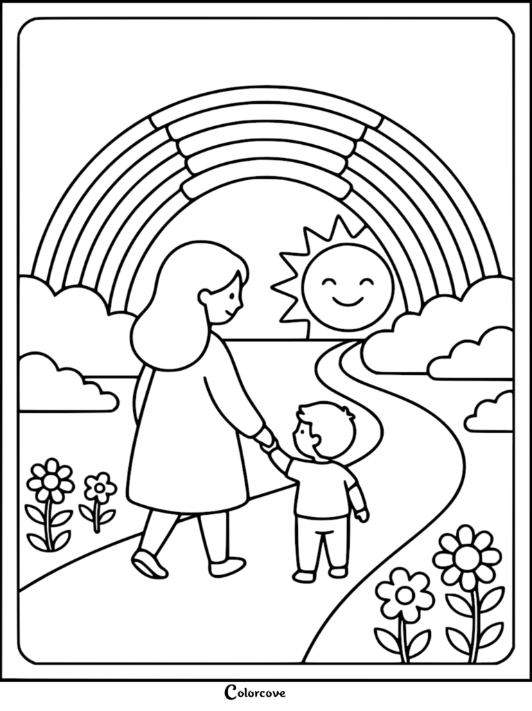 Mother and child walk hand-in-hand toward a rainbow sun.