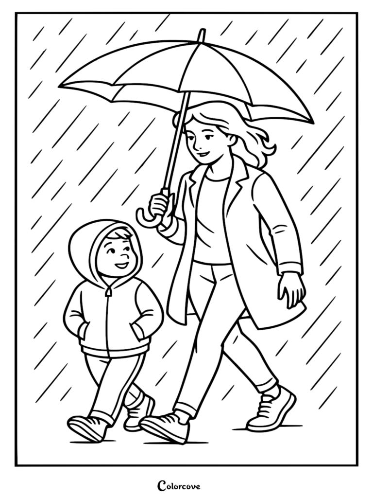 Mommy and child walking together under a shared umbrella in the rain, line art coloring page.