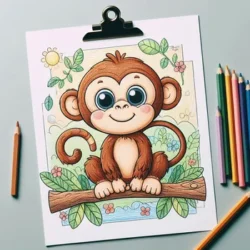 Cute monkey coloring page on clipboard with colored pencils. Perfect for kids' activity and animal lovers.