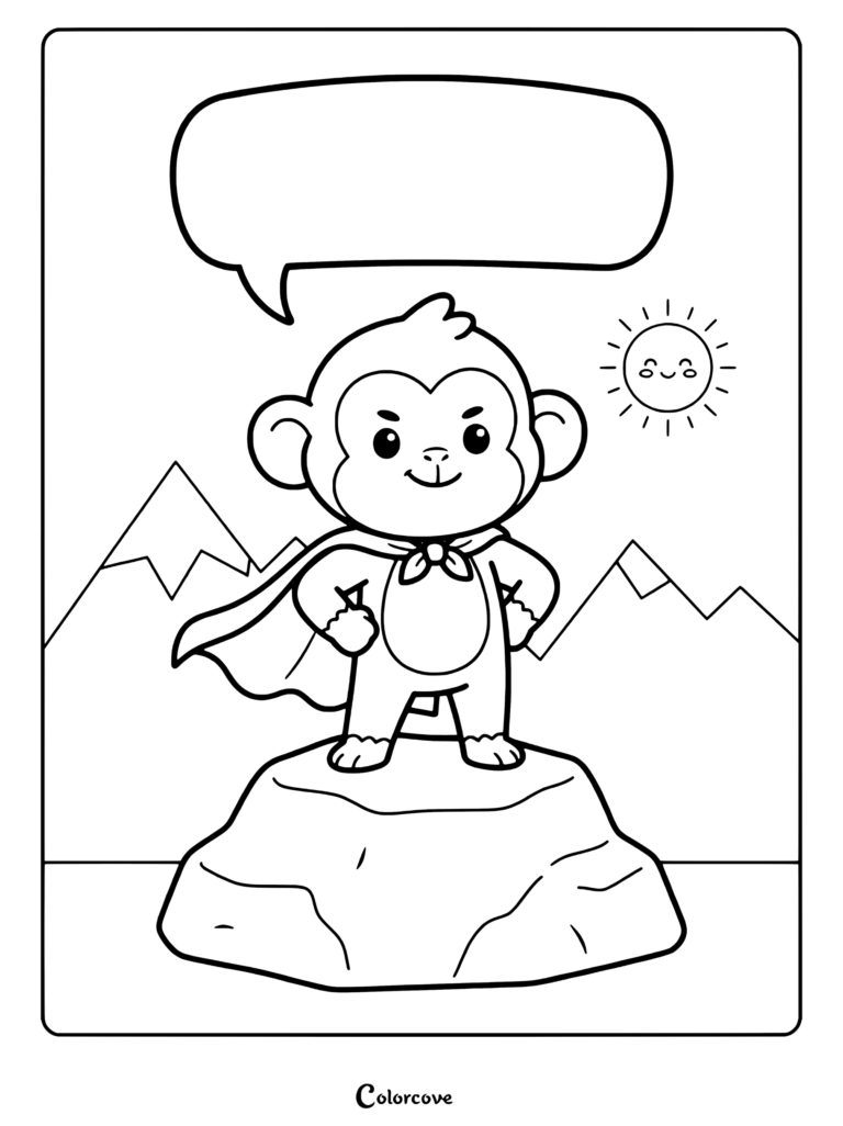 A superhero monkey wearing a cape standing on a rock with a speech bubble and smiling sun in this coloring page.