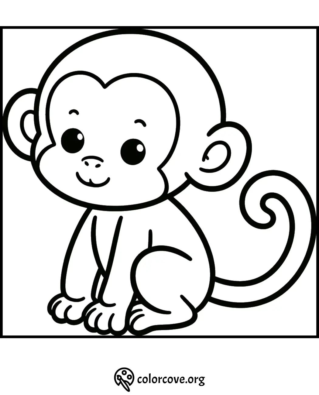 Cute monkey coloring page for kids, featuring a smiling cartoon monkey. Perfect for fun and educational activities.