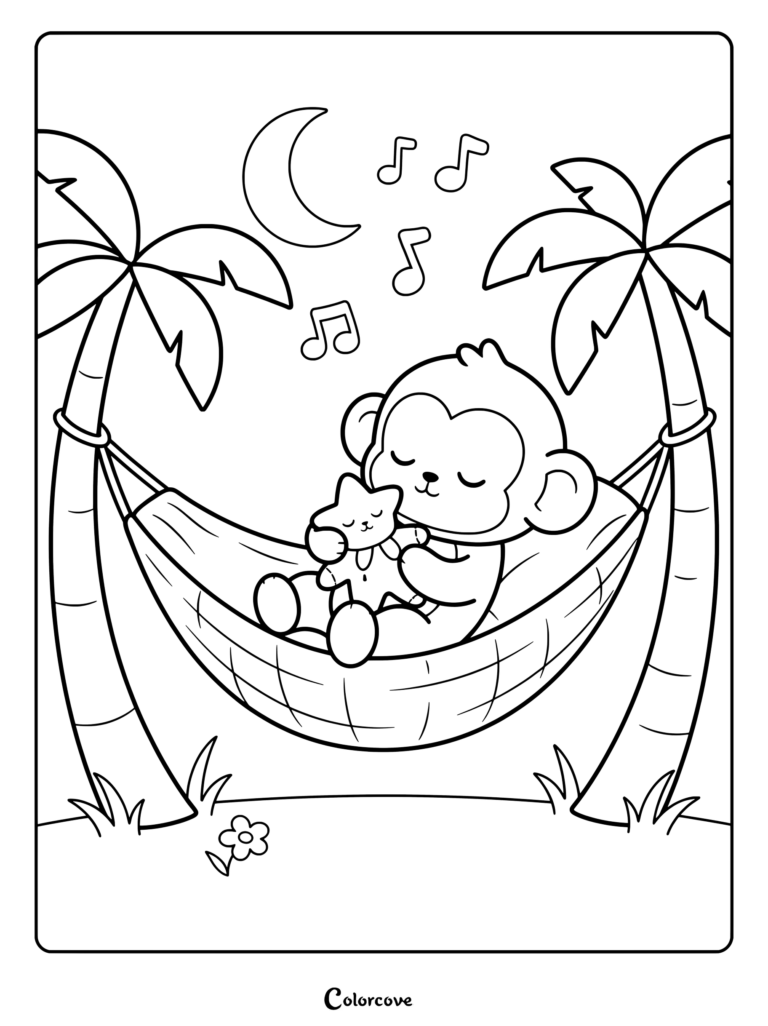 A cute monkey sleeping in a hammock between two palm trees holding a star plushie, coloring page style.