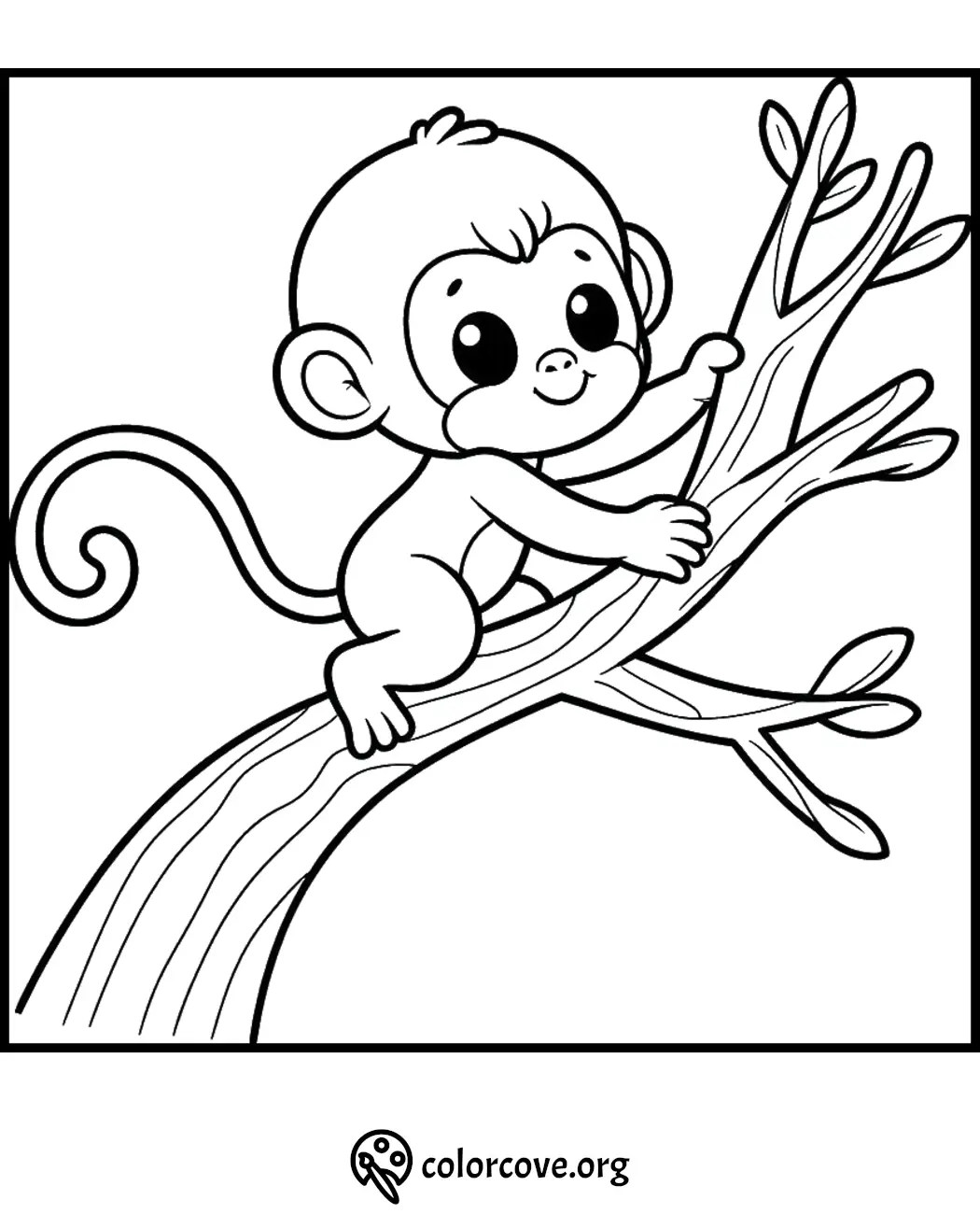 Cute monkey coloring page with a baby monkey sitting on a tree branch. Download and print this fun, creative activity.