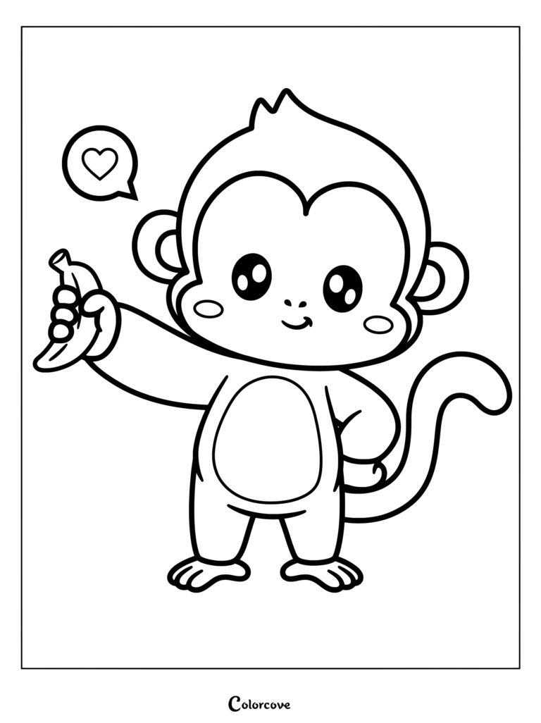 A cute monkey holding a banana with a heart speech bubble above its head in this printable coloring page.
