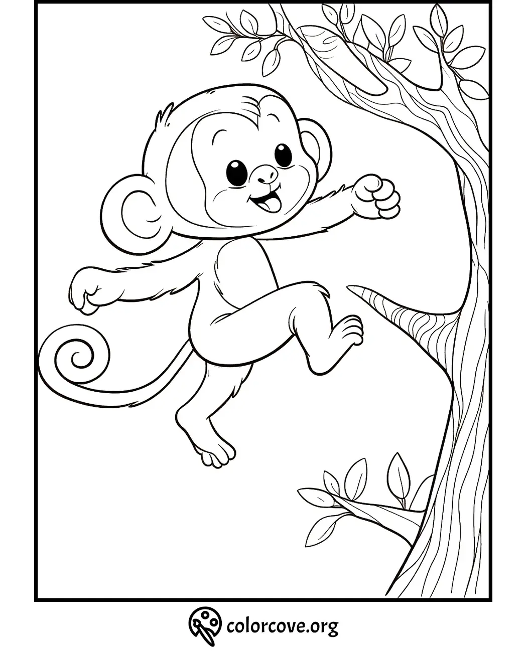 Cute monkey climbing a tree coloring page for kids to print and color from colorcove.org.