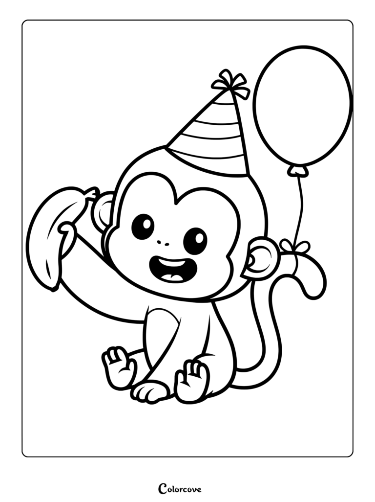 A cute monkey wearing a striped party hat holding a banana and a balloon tied to its tail in this printable coloring page.